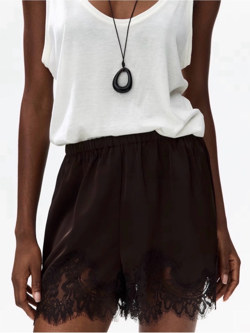 H&M Black Lace-Trim Elastic-Waist Shorts